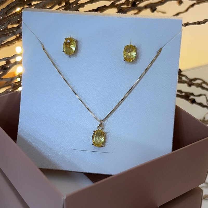 Conjunto de Semijoias Pedra Cristal Citrino Banhado a Ouro 18K
