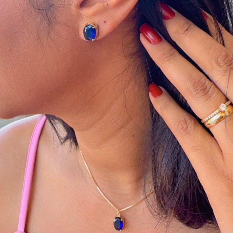 Conjunto de Semijoias Pedra Azul Marinho  Banhado a Ouro 18K