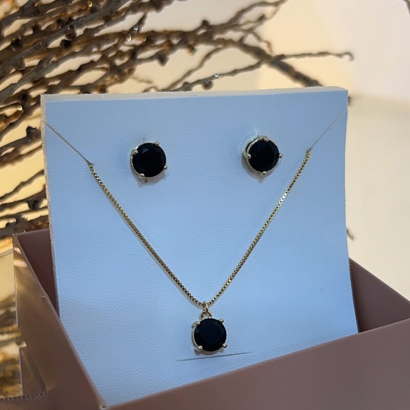 Conjunto de Semijoias Pedra Preta  Banhado a Ouro 18K