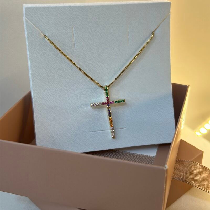 Colar Cruz Cravejada Colorida Semijoias Banhado a Ouro 18K